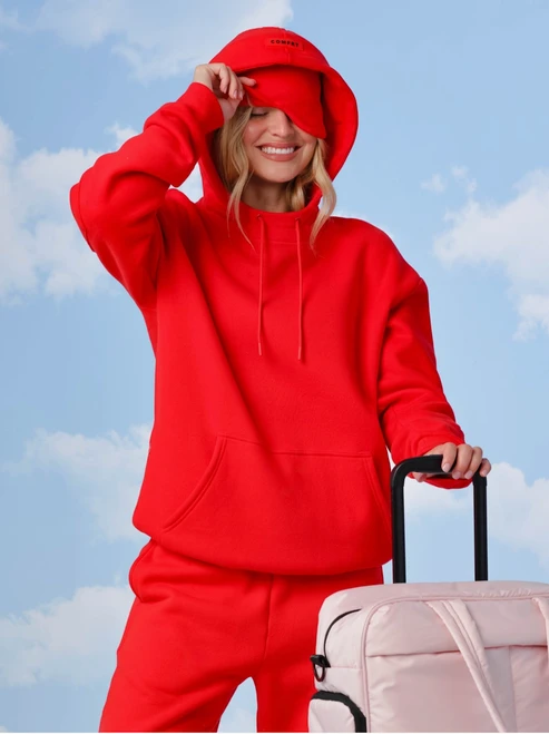 Comfrt Airplane Mode Travel Hoodie Crimson Teen Women Hoodie, Airplane Mode Hoodie, crimson red travel hoodie, COMFRT sweatshirt, teen travel clothing, women's travel hoodie, cozy travel outfit, teen and women's sweatshirts, comfortable airport outfits, PHIA Boutique.