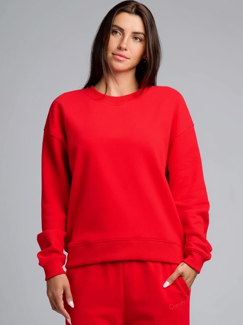 Comfrt Halo Lightweight Crop Crew Crimson Red Teen Women Crew Neck Sweatshirt , COMFRT Halo Lightweight Crop Crew, crimson red cropped sweatshirt, COMFRT crewneck, teen cropped sweatshirt, women's red crewneck sweatshirt, lightweight crop sweatshirt, teen and women's fashion, casual everyday style, PHIA Boutique