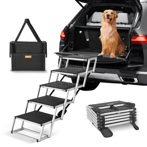 Dog Stair for Cars, Wide 5-step Dog Car Steps, Folding Dog Car Ramp with Nonslip Surface, Portable  E415-KZDGLT5STEP1DLM2TV0