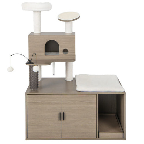 2-in-1 Modern Cat Tower with Litter Box Enclosure for Indoor Cars-Gray - Color: Gray D681-PV10119GR