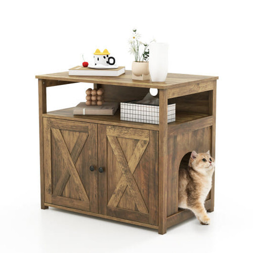 Cat Litter Box Enclosure with Double Barn Doors  Divider  Side Entry and Storage Shelf B593-PS7822OK
