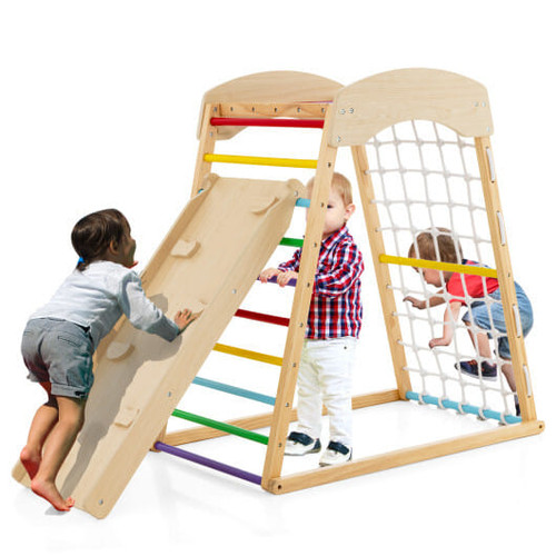 6-in-1 Jungle Gym Wooden Indoor Playground with Double-Sided Ramp and Monkey Bars-Multicolor B593-TS10098