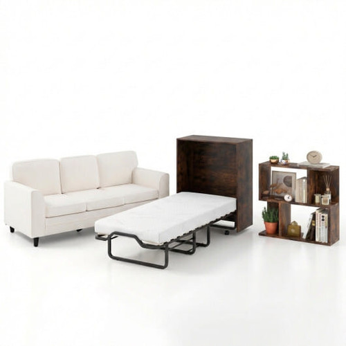 3-Piece Space-Saving Living Room with Teddy Sofa  Display Bookshelf & Foldable Murphy Bed B593-B-HV10645WH+JV12368CF+HU11021CF+