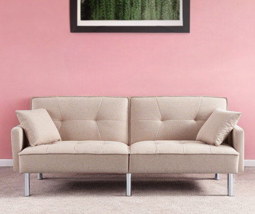 85" Beige Polyester Blend Convertible Futon Sleeper Sofa And Toss Pillows With Silver Legs N270-544952