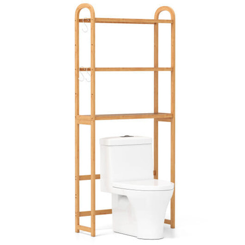3-Tier Bamboo Bathroom Floor Organizer with 5-Position Shelves and 3 Hooks-Natural B593-BA8193