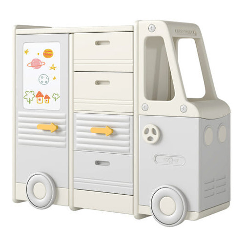 Kids Toy Storage Organizer Bus-shaped Children Cabinet with 4 Pull-out Drawers with Handles-Gray B593-TP10172