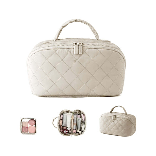 Color: ALABASTER - Quilted And Puffy 2PC Cosmetic and Jewelry Organizer With Toiletry Bag K290-52772218274065