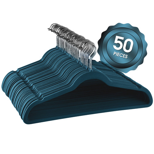 Elama Home 50 Piece Flocked Velvet Clothes Hangers with Stainless Steel Swivel Hooks in Blue D970-HANGER50PIECEBLUE