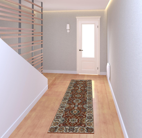 2' X 8' Red Blue Ivory Gold And Navy Oriental Power Loom Stain Resistant Runner Rug With Fringe N270-508017