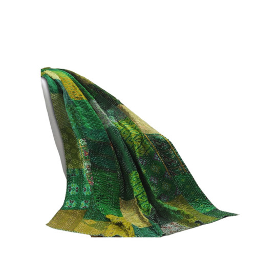 70" X 50" Green Kantha Silk Patchwork Throw Blanket with Embroidery N270-516588