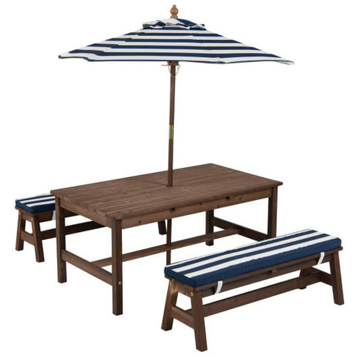 Outdoor Wooden Kids Picnic Table with Removable Umbrella and Cushions-Blue - Color: Blue D681-NP13007BL