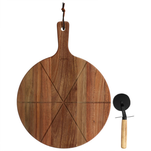 Gibson Elite 2 Piece Acacia Wood Serving Board and Pizza Cutter Set in Brown D970-143827.02
