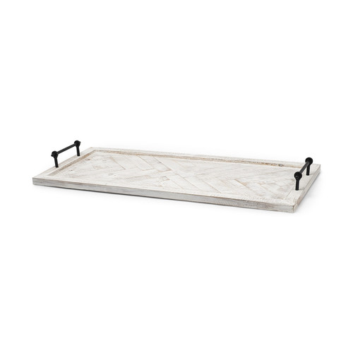 35" White and Natural Wood Indoor Outdoor Tray With Handles N270-376044