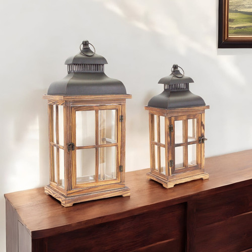 Set of Two Natural and Black Glass Wood and Metal Floor Lantern Candle Holders N270-517559