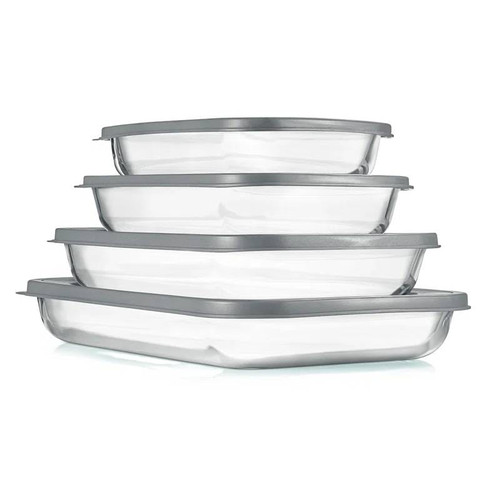 Set of 4 - Rectangular Oven Safe Glass Bakeware Set with Grey Plastic Lids Q280-NCFPGBS41596328
