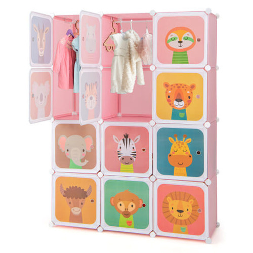 12 Cube Kids Wardrobe Closet with Hanging Section and Doors-Pink - Color: Pink D681-JZ10133PI