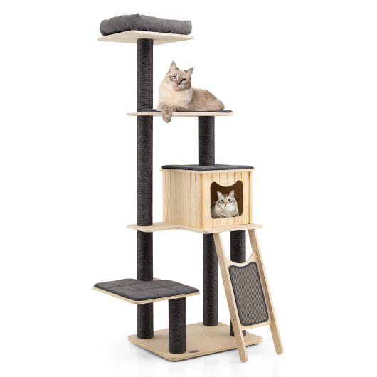 5-Tier Modern Wood Cat Tower with Washable Cushions-Gray - Color: Gray D681-PS7477GR