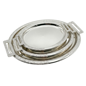 Set of 3 Round Silver Serving Trays – Glitter‑Textured Handles & Polished Finish