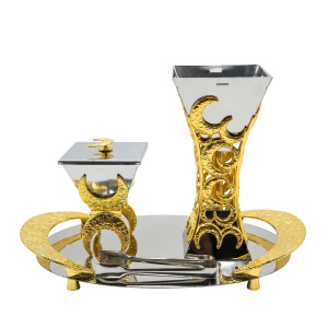 Luxury Crescent Moon Incense Burner Set – 2‑Piece Burner with Decorative Tray & Tongs (Gold & Silver)