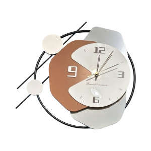 Modern Abstract Wall Clock – Layered Brown, White & Silver Design with Black Circular Frame