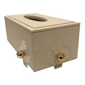 Modern Beige Tissue Box Cover – Acrylic Side Mounts with Gold Accents