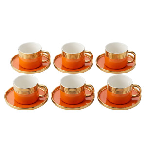 Set of 6 Orange Porcelain Teacups with Matching Saucers – Gold‑Rimmed Luxury Design