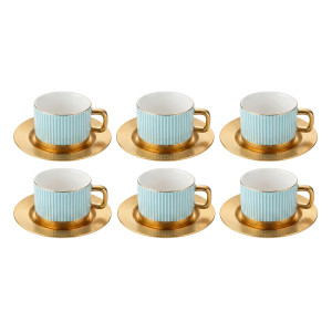 Set of 6 Light‑Blue Striped Porcelain Teacups with Gold Saucers – Gold‑Rimmed Luxury Design