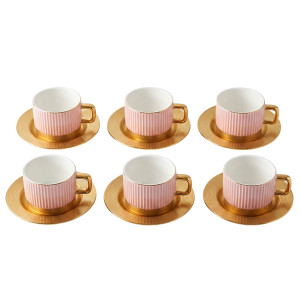 Set of 6 Pink Ribbed Porcelain Teacups with Gold Saucers – Gold‑Rimmed Luxury Design