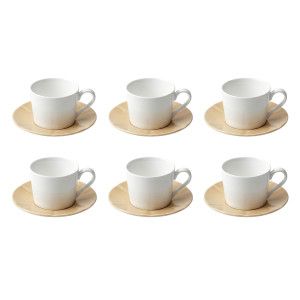 Set of 6 White Ceramic Teacups with Matching Beige Saucers – Minimalist Classic Design