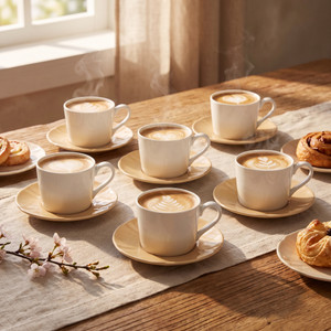 Set of 6 White Ceramic Teacups with Matching Beige Saucers – Minimalist Classic Design