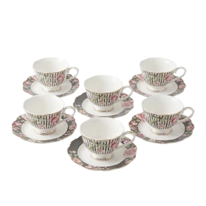 Set of 6 Black‑and‑White Striped Porcelain Teacups with Floral Saucers – Gold‑Rimmed Elegant Design