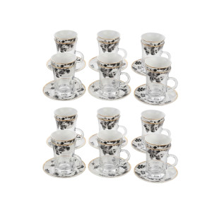 36‑Piece Glass Tea & Coffee Serving Set – Black & Gold Floral Design (12 Coffee Cups, 12 Tea Cups, 12 Saucers)