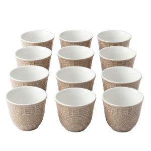 Set of 12 Beige Embossed Ceramic Cups – Modern Textured Design
