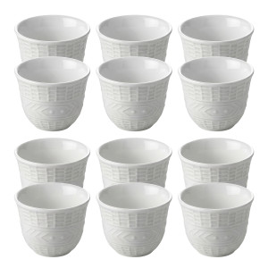 Set of 12 White Embossed Ceramic Cups – Modern Textured Design