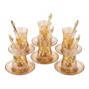 Premium Amber-Tinted Tulip Tea Glass and Saucer Set with 3D Gold Butterfly and Floral Spoons