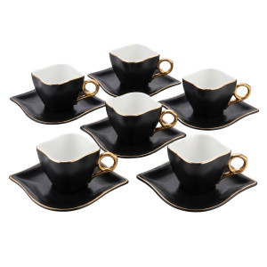 12‑Piece Black Geometric Cup & Saucer Set – Gold Handle Luxury Edition