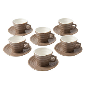 12‑Piece Light Brown Ribbed Cup & Saucer Set – Modern Geometric Design