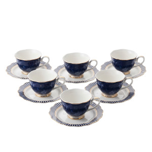 12‑Piece Dark Blue Porcelain Cup & Saucer Set – Gold Accent Classic Luxury