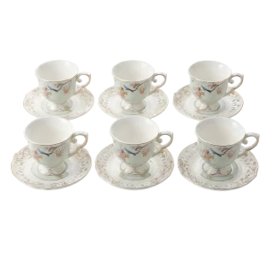 12‑Piece Ornate Porcelain Cup & Saucer Set – Gold Trim Floral Luxury