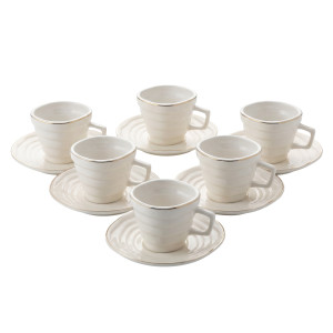 12‑Piece White Ribbed Cup & Saucer Set – Modern Minimalist Design