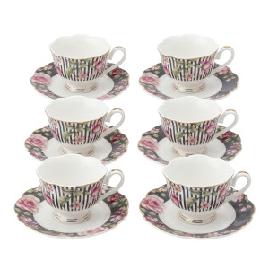 12‑Piece Black & White Striped Floral Porcelain Cup & Scalloped Saucer Set – Vintage Rose Elegance
