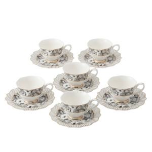 12‑Piece Black Floral Porcelain Cup & Scalloped Saucer Set – Gold Trim Classic Elegance