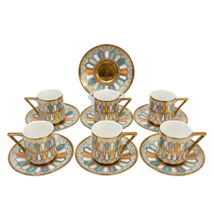 12‑Piece Geometric Porcelain Cup & Saucer Set – Gold Trim Modern Art Design
