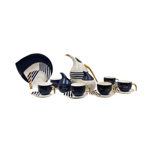 22‑Piece Luxury Navy & Gold Porcelain Tea Set – Cups, Saucers, Teapot & Plates
