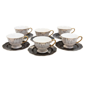 12‑Piece Black & White Striped Porcelain Cup & Saucer Set – Gold Accent Edition