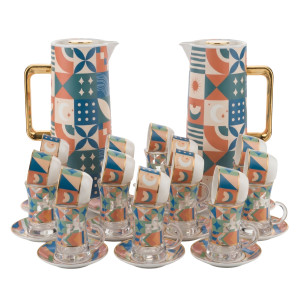 38‑Piece Arabic Coffee & Tea Set – 2 Thermoses, 12 Coffee Cups, 12 Tea Cups & 12 Saucers with Geometric Pattern