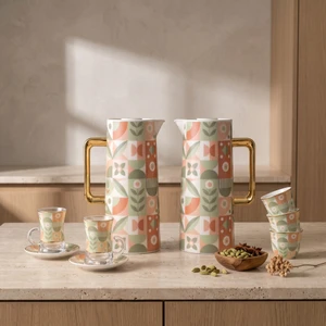 38‑Piece Tea & Coffee Serving Set – 2 Thermoses, 12 Coffee Cups, 12 Tea Cups & 12 Saucers with Pastel Geometric Floral Pattern