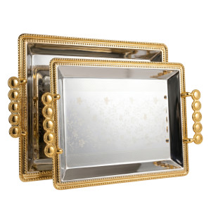 Rectangular Luxury Tray Set – 2‑Piece Silver Engraved Trays with Gold Chain‑Style Handles & Ornate Trim