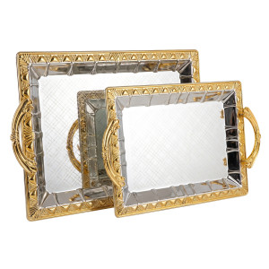 2‑Piece Gold Mirror Serving Tray Set – Engraved Floral Design with Circular Handles