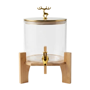 Glass Beverage Dispenser with Gold Deer Lid & Wooden Stand – 5L Capacity
